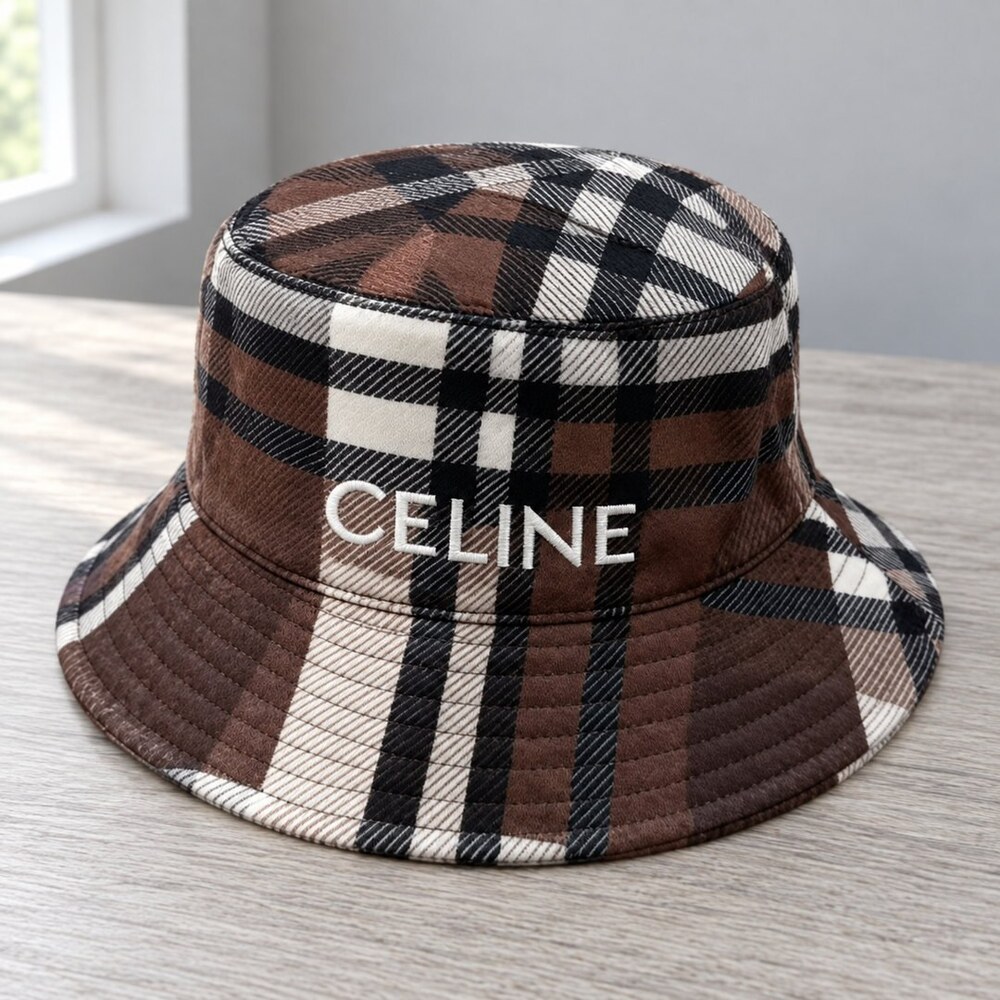 CELINE Brown Check Plaid Bucket Hat - Picture 4 of 6